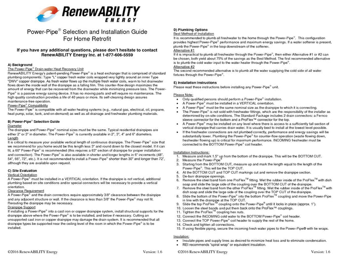 A printed installation guide page for RenewAbility Energy Power-Pipe selection and installation for home retrofit, with text sections, diagrams, and a RenewAbility Energy logo at the top.