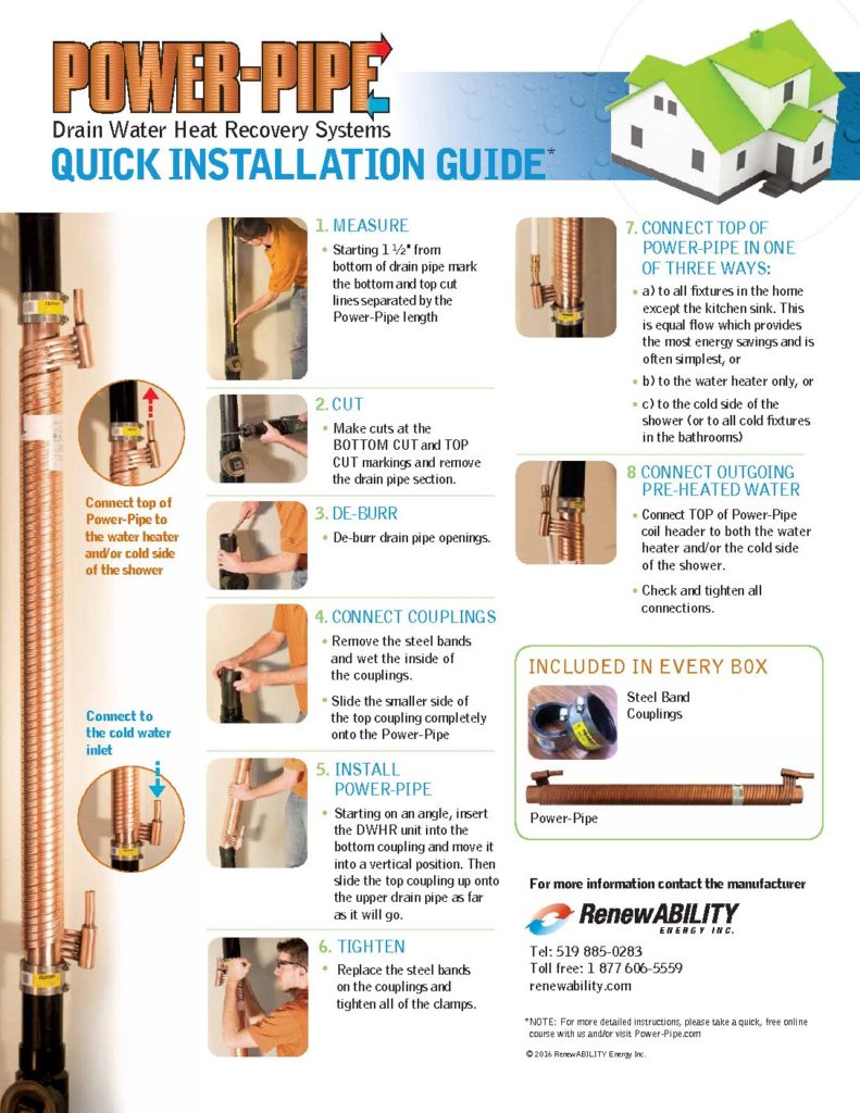 A printed installation guide sheet for Power-Pipe drain water heat recovery systems, showing numbered steps, cross-section diagrams, connection instructions, and product photos on a white background.